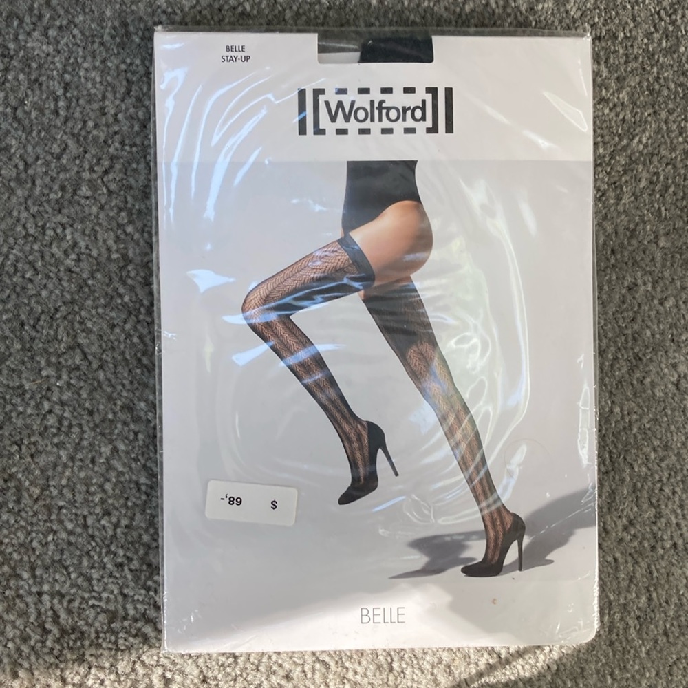 Women’s Wolford Stay Up Hosiery. Black net pattern. New. Size S.